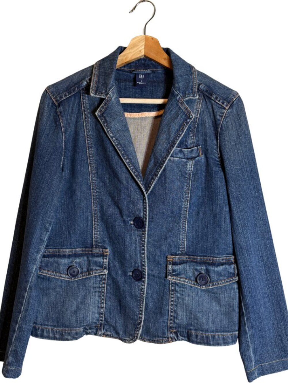Y2K Vintage Gap Denim Blazer Suit Jacket Women's 6 Medium Wash Blue Retro Preppy